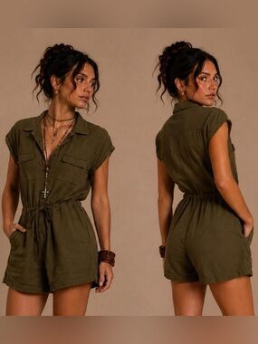 Utility Short Sleeve Romper in Olive Green